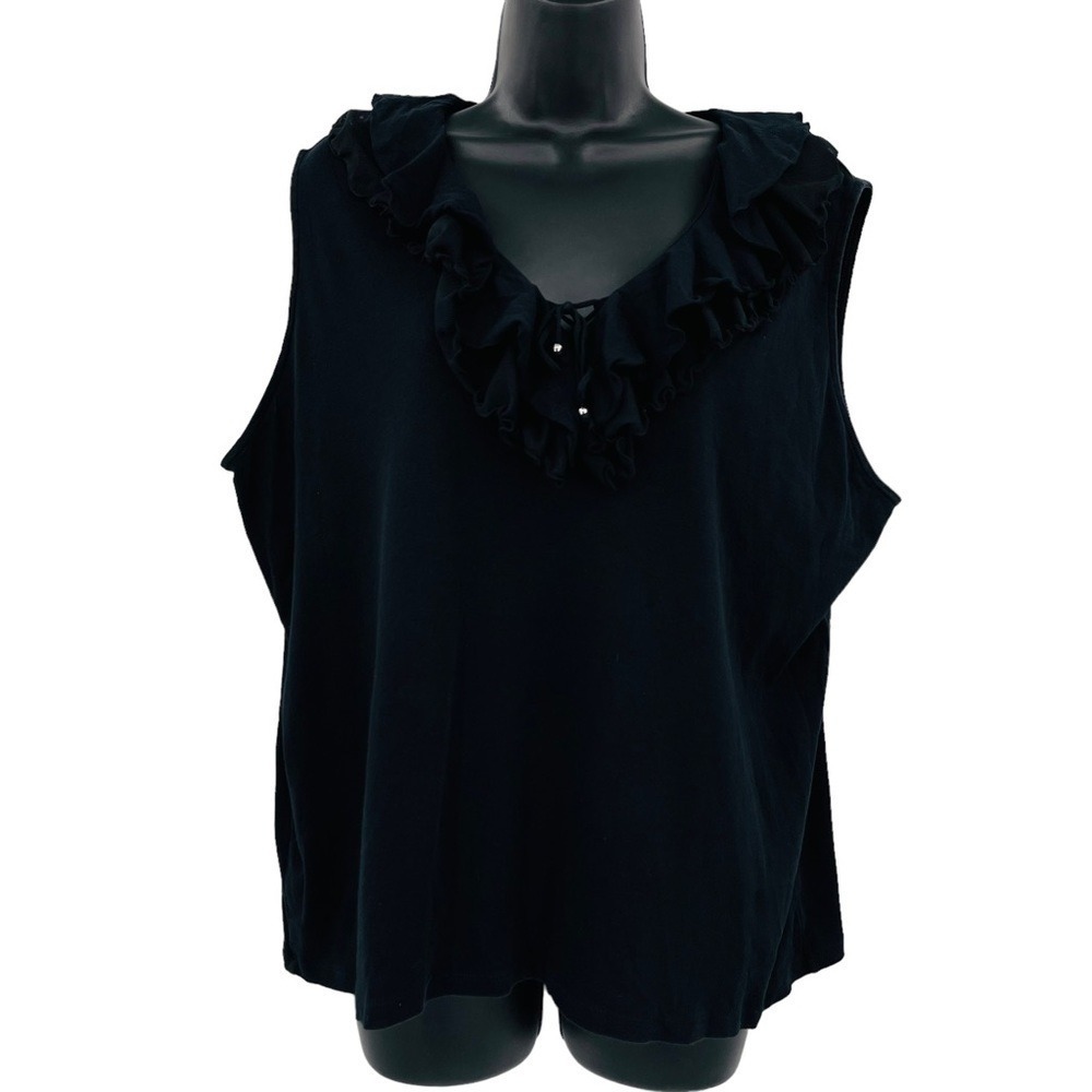 Chaps Ruffle Neck Tank‎ Top Womens 3X Black Sleeveless Cotton Knit Tie Front